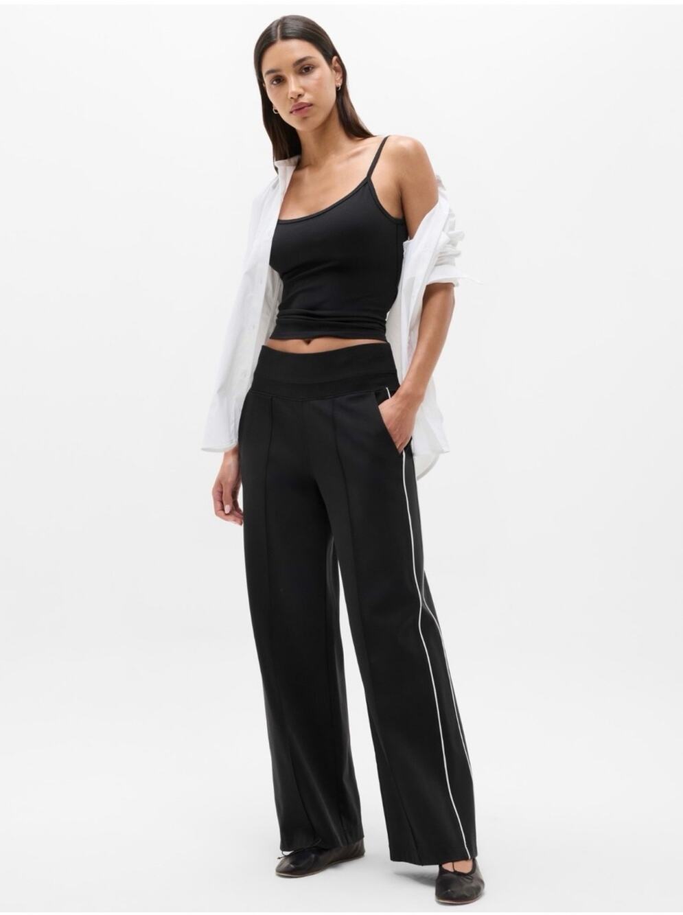 Athleta Pants Womens Small Petite Black Venice High Rise Track Stripe Wide Leg